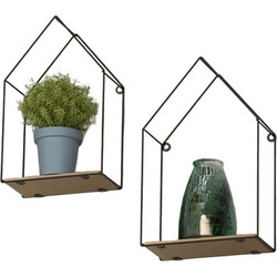 TEKNO-TEL Ράφια Διακοσμητικά Σετ 2 Τεμαχίων 21x10x33cm και 19x10x30cm με Μεταλλικό Σκελετό Μαύρο σε Σχήμα Σπιτιού και Ξύλινη Βάση