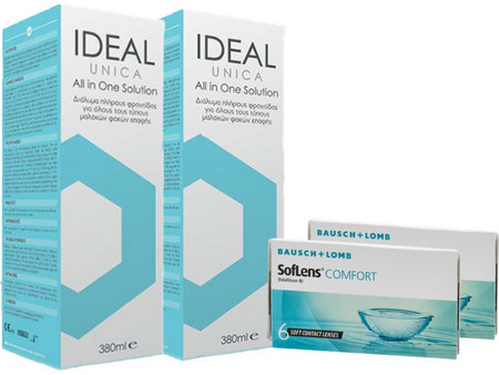 Bausch & Lomb Combo Soflens Comfort Μηνιαίοι Φακοί Επαφής Υδρογέλης 12τμχ + 2 Υγρά Φακών Ideal Unica 2x380ml