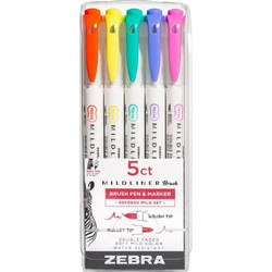 Zebra Mildliner Double Ended Brush Pen & Marker Bold & Fine Point 5 Pack Refresh Mild Set (ZB-79405) (ZEB79405)