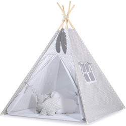 Bobono Teepee Tent & Decorative Feathers White Dots on Grey