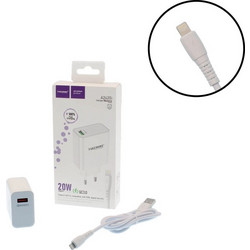 Φορτιστής Γρήγορης Φόρτισης 20W USB 3.0 με Καλώδιο Μεταφοράς Δεδομένων USB σε Lightning Λευκός A2420i TAKEMORE