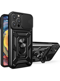 Hybrid Armor Camshield iPhone 16 Pro Max Armored Case with Camera Cover and Stand - Black