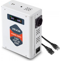 Μετατροπέας τάσης VEVOR Steep Up, 2000VA, Μετατροπέας ισχύος τάσης βαρέως τύπου, Μετασχηματιστής ισχύος 110V σε 220V, με 2 πρίζες EU, έξοδο USB, οθόνη LCD, προστασία θερμοκρασίας, για συσκευές 220V