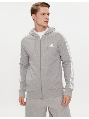 Adidas Essentials 3-Stripes Ανδρική Ζακέτα Fleece με Κουκούλα και Φερμουάρ Γκρι IJ6479