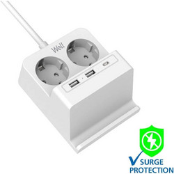 Πολύπριζο Well 2x Schuko και 2x USB A & 1x USB Type-C Wireless Charger 2m/3g1.5 με προστασία EXTS-2S
