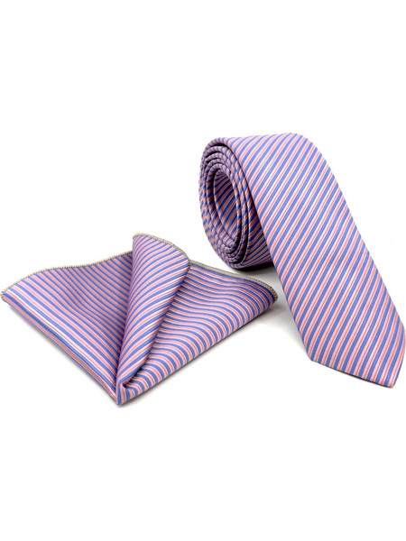 Λιλά Γραβάτα με Λεπτή Ρίγα Microfiber Σετ με Μαντήλι 6,5 cm