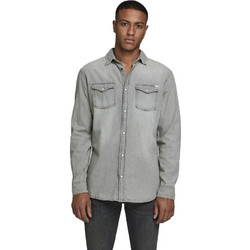 Jack & Jones Ανδρικό Πουκάμισο Τζιν Μακρυμάνικο Slim Fit Γκρι 12138115