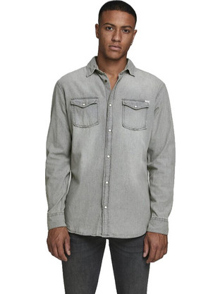Jack & Jones Ανδρικό Πουκάμισο Τζιν Μακρυμάνικο Slim Fit Γκρι 12138115