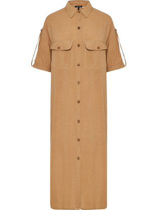 Funky Buddha Midi Καθημερινό Φόρεμα Σεμιζιέ Μεταξωτό Ταμπά FBL011-100-13