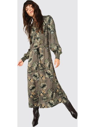 Mos Mosh Lena Midi Βραδινό Φόρεμα Floral Μεταξωτό Ανθρακί 173620-836