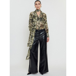 Mix & Match Δερμάτινο Γυναικείο Παντελόνι Relaxed Εφαρμογή Καμπάνα Μαύρο FW2522