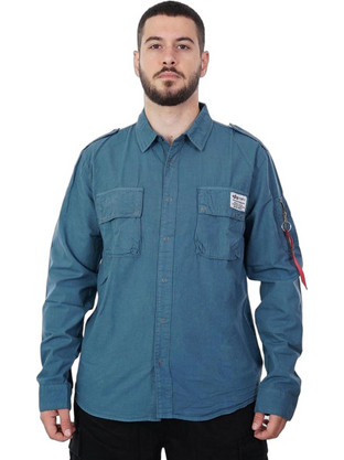 Alpha Industries Ανδρικό Πουκάμισο Βαμβακερό Μακρυμάνικο Κανονική Γραμμή Πετρόλ 138420-678
