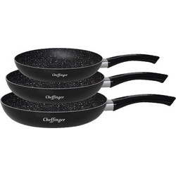 Cheffinger Σετ Τηγάνια Αλουμινίου με Αντικολλητική Επίστρωση Μαρμάρου 3τμχ CF-PA03BLK