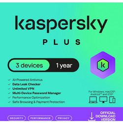 Kaspersky Plus 2026 για 3 Συσκευές και 1 Έτος Χρήσης (Ηλεκτρονική Άδεια)