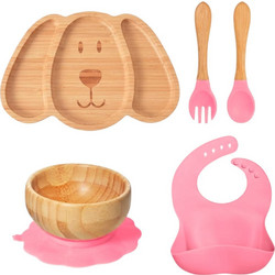 QueenMother Βρεφικό Σετ Φαγητού Σιλικόνης & Bamboo Happy Puppy Pink 5τμχ
