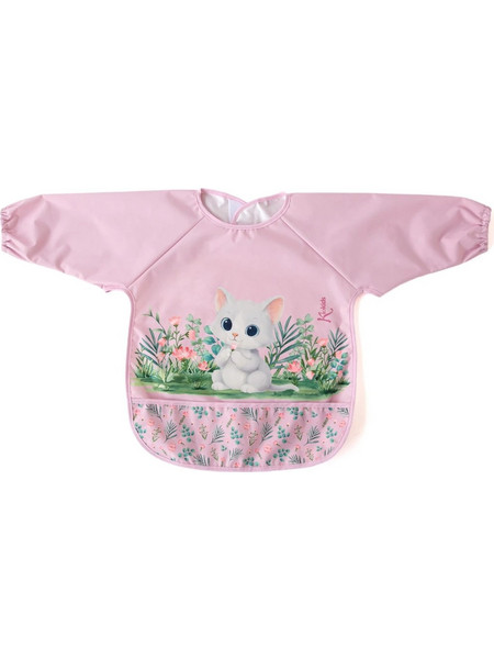 Kiokids Cat Αδιάβροχη Σαλιάρα Ποδιά με Αυτοκόλλητο Τσέπη & Μανίκια 6m+ Ροζ