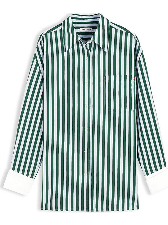 Tommy Hilfiger Μακρυμάνικο Γυναικείο Πουκάμισο Μεταξωτό Ριγέ Λευκό Πράσινο WW0WW52218-0A8