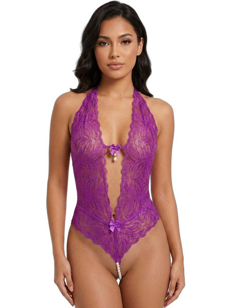 Milena By Paris Sexy Κορμάκι String Αυτοκινήτου See Through με Δαντέλα Μωβ 2541