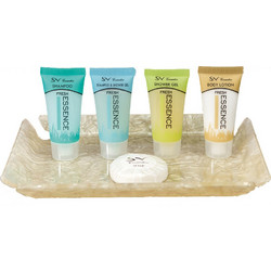 Βάση τοποθέτησης κατάλληλη για amenities από plexiglass με εφέ μπεζ μαρμάρου διαστάσεων 21x16cm