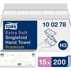 Χειροπετσέτα Λευκή 2φυλλη V-Fold (Zig Zag) 23x22,6cm 15x200τεμ Tork Extra Soft Singlefold 100278