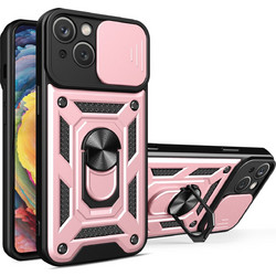 Hybrid Armor Camshield Case with Stand and Camera Cover for iPhone 15 Plus - Pink