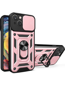 Hybrid Armor Camshield Case with Stand and Camera Cover for iPhone 15 Plus - Pink