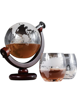 The Source InGenious Globe Decanter Set - Γυάλινο Σετ Ποτού σε Σχήμα Υδρογείου με 1 x Καράφα Σερβιρίσματος με Πώμα / 2 x Ποτήρια & 1 x Ξύλινη Βάση (5060512159417)