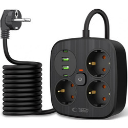 Πολύπριζο Tech-Protect PCS3X4 Power Strip με 3 x Υποδοχές AC 250V με Διακόπτη & Καλώδιο 200cm 2 x USB-A / 2 x Type-C 2.1A - Black (5906302363414)