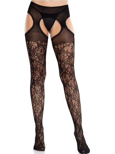 LEG AVENUE - FLORAL LACE STOCKINGS WITH GARTERS UNITED BLACK
