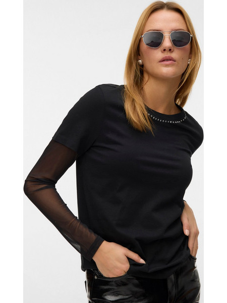 Μπλούζα Γυναικεία T-Shirt με Διακοσμητικά Στρας στη Λαιμόκοψη Μαύρη