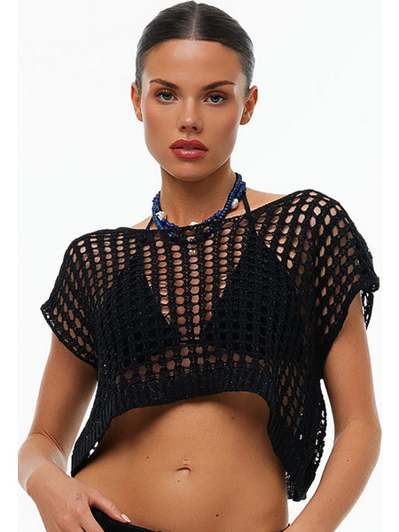 Bluepoint Γυναικείο πλεκτό διάτρητο crop top παραλίας Magic Cotton-26085031-02 Μαύρο