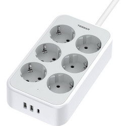 Πολύπριζο Φορτιστής Tessan 9 in 1 Power Strip 25W 6xSchuko 2xUSB 1xTYPE-C 2m Cable