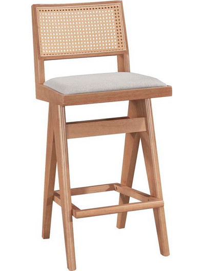 Σκαμπό bar Winslow pakoworld ξύλο rubberwood ανοικτό καρυδί-pvc rattan φυσικό-ύφασμα γκρι 44.5x46x98εκ