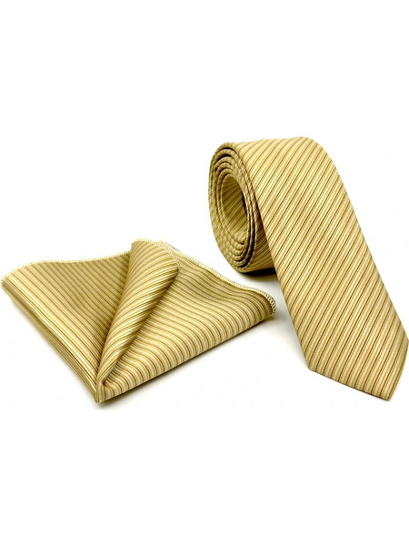 Χρυσαφί Γραβάτα με Λεπτή Ρίγα Microfiber Σετ με Μαντήλι 6,5 cm