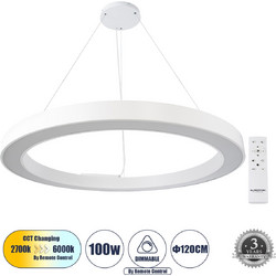 GLOBOSTAR(R) RA 61199 Μοντέρνο Κρεμαστό Φωτιστικό Οροφής LED 100W 11020lm 120 AC 220-240V IP20 Ρυθμιζόμενο Λευκό CCT με Χειριστήριο από 2700K έως 6000K Dimmable - Lumileds SMD Chip - Λευκό Ματ - Μ120