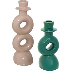 Κηροπήγια (Σετ 2Τμχ) 07.206502 8x8x18/25cm Beige-Green Κεραμικό