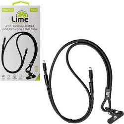 LIME SUCCESSORIES LIME 2 IN 1 FASHION NECK STRAP - USB-C TO USB-C 4A ΦΟΡΤΙΣΗΣ-DATA DURABLE BRAIDED 1.5m LSCC01 68W BLACK