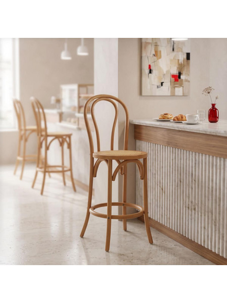 Σκαμπό μπαρ Thonet pakoworld φυσικό ξύλο οξιάς-έδρα φυσικό rattan 41x50x105εκ