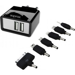 Διπλός Φορτιστής USB Charger Approx 5V 2.1A με 6 Επιπλέον Βύσματα (Micro USB, Mini USB, USB Type C, Lightning, iPhone 30pins, 0.7x2.5mm)