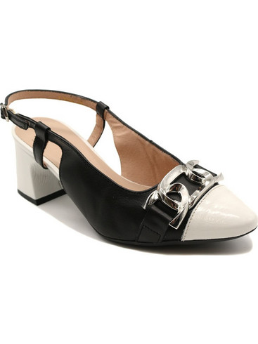 Wonders Γόβες Slingback Δερμάτινες με Χοντρό Χαμηλό Τακούνι Μαύρες Εκρού I-9002