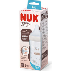Nuk Perfect Match Γυάλινο Μπιμπερό με Θηλή Σιλικόνης κατά των Κολικών 3+ Μηνών Ecru 230ml