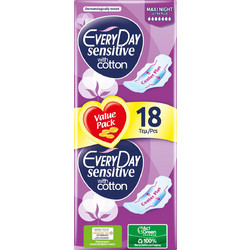 EveryDay Sensitive Maxi Night Ultra Plus Σερβιέτες με Φτερά για Αυξημένη Ροή 7 Σταγόνες από Βαμβάκι 18τμχ
