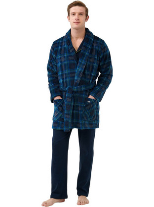 Vamp Χειμωνιάτικη Ανδρική Ρόμπα Fleece Καρό Navy Μπλε 21627