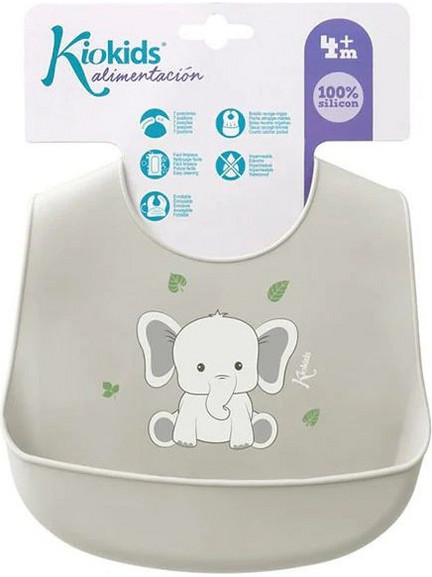 Kiokids Little Elephant Αδιάβροχη Σαλιάρα Σιλικόνης με Κουμπί & Τσέπη 4m+ Γκρι