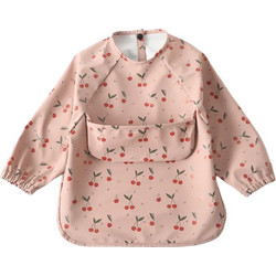 BabyCloud Cherries Αδιάβροχη Σαλιάρα Ποδιά Υφασμάτινη με Κουμπί Τσέπη & Μανίκια Ροζ