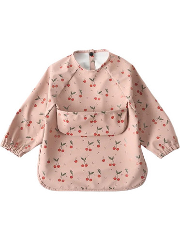 BabyCloud Cherries Αδιάβροχη Σαλιάρα Ποδιά Υφασμάτινη με Κουμπί Τσέπη & Μανίκια Ροζ