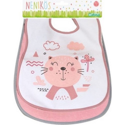 Kiokids Kitten & Beach Σετ Σαλιάρες από 100% Βαμβάκι με Αυτοκόλλητο 4m+ Λευκή Ροζ 2τμχ