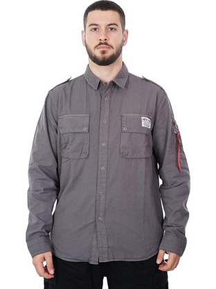 Alpha Industries Ανδρικό Πουκάμισο Βαμβακερό Μακρυμάνικο Κανονική Γραμμή Γκρι 138420-684