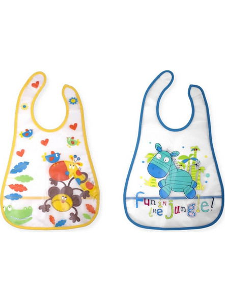 Interbaby Σετ Αδιάβροχες Σαλιάρες Πλαστικές με Αυτοκόλλητο & Τσέπη Κίτρινη Μπλε 2τμχ