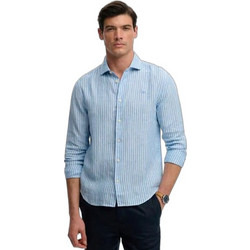 Superdry Ανδρικό Πουκάμισο Λινό Ριγέ Μακρυμάνικο Κανονική Γραμμή Μπλε Λευκό M4011103A-J9E